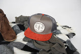 GRAY WITH RED SUEDE TRUCKER